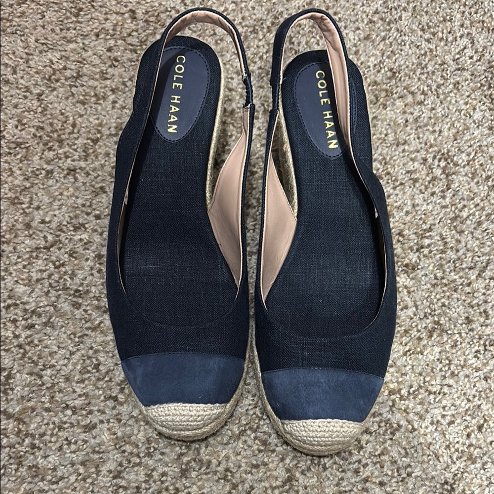 Cole Haan Blue and Tan Espadrille Slingbacks
